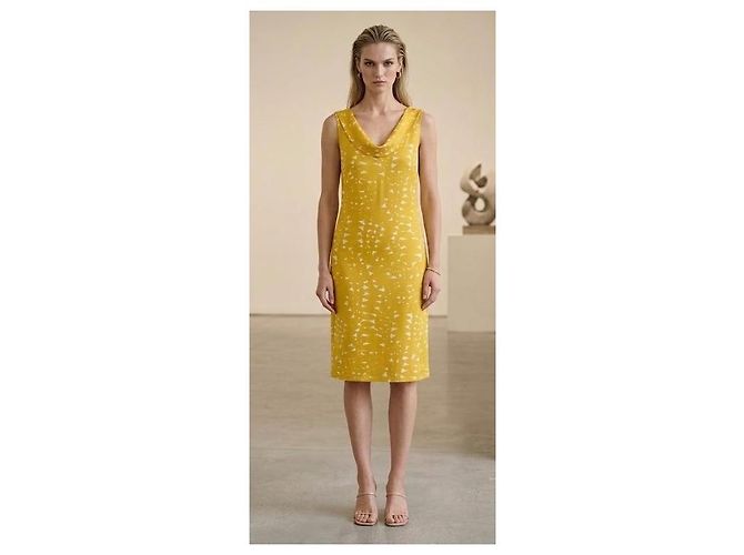 Prada Vintage Seiden-Shift-Kleid mit abstraktem geometrischem Print IT 44 Gelb - Ansicht 9