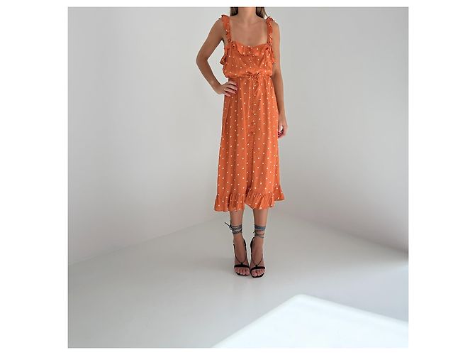 For Love & Lemons Polka Dot Midi Kleid – Größe M Weiß Orange - Ansicht 2