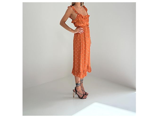 For Love & Lemons Polka Dot Midi Kleid – Größe M Weiß Orange - Ansicht 5