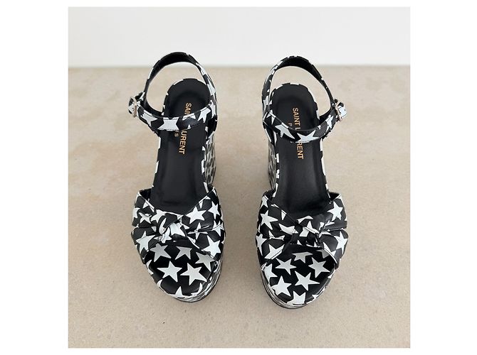 Sandali con zeppa platform in pelle con stampa di stelle Saint Laurent Nero Bianco - vista 3