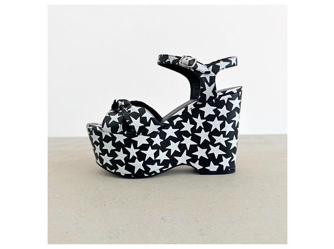 Sandali con zeppa platform in pelle con stampa di stelle Saint Laurent Nero Bianco - vista 4