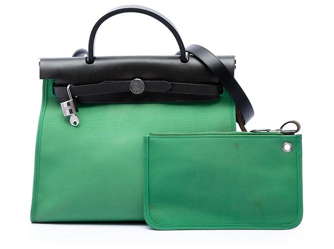 Hermès Herbag Zip 31 in tela militare verde e pelle vachette Hunter - vista 7