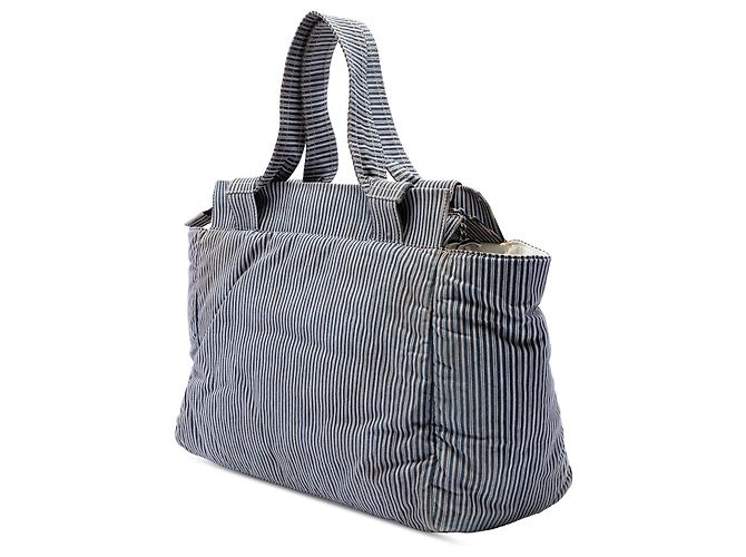 Borsa Tote Chanel Blue CC Striped Canvas Shopper - vista 2