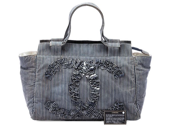 Borsa Tote Chanel Blue CC Striped Canvas Shopper - vista 7