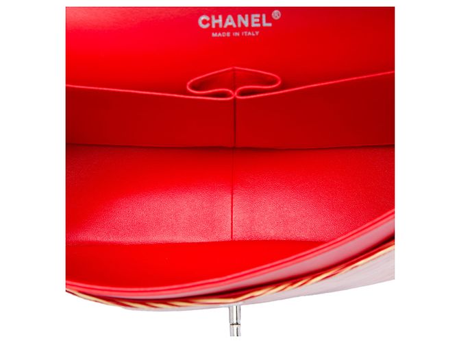 Chanel Red Jumbo Classic Patent Striped Double Flap Rosso - vista 4