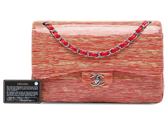 Chanel Red Jumbo Classic Patent Striped Double Flap Rosso - vista 6