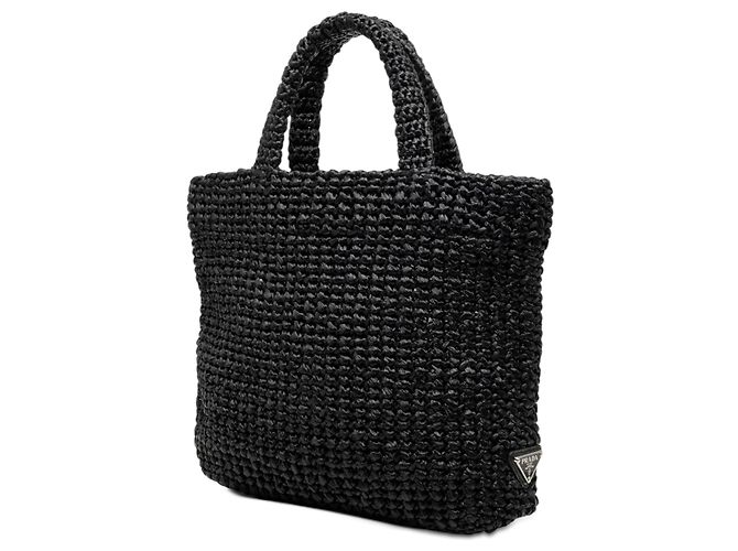 Prada Tote Schwarz Klein mit Raffia-Effekt, Häkeloptik und gesticktem Logo - Ansicht 2