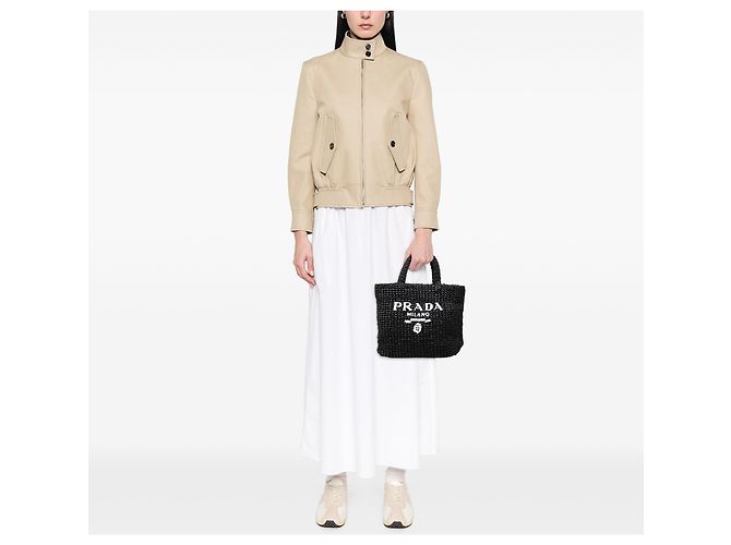 Prada Tote Schwarz Klein mit Raffia-Effekt, Häkeloptik und gesticktem Logo - Ansicht 6