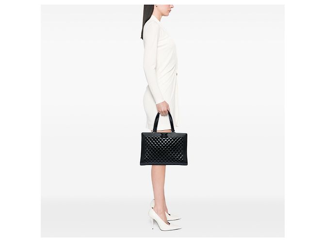 Tote Chanel Black Large Quilted Patent Boy Shopping Nero - vista 5