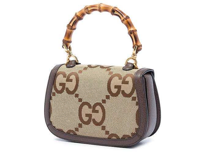 Borsa Gucci Beige Small Jumbo GG Canvas Web Bamboo 1947 con manico superiore - vista 2