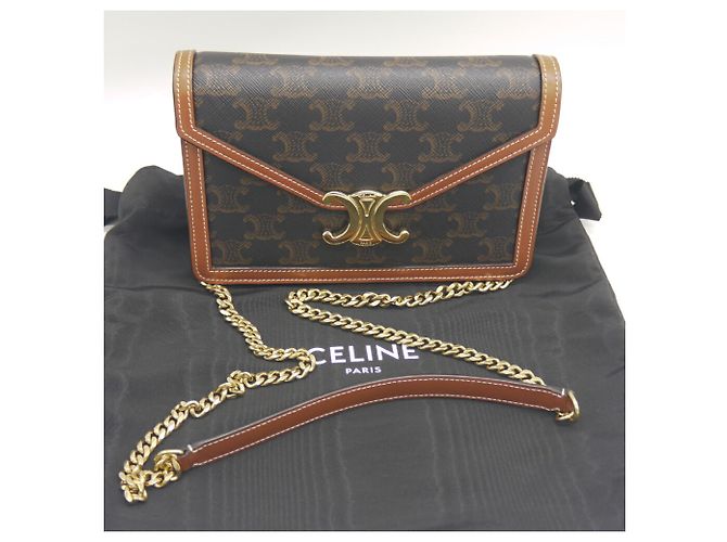 Céline Borsa a Spalla Celine Chain Wallet Margot Triomphe Canvas Marrone - vista 10