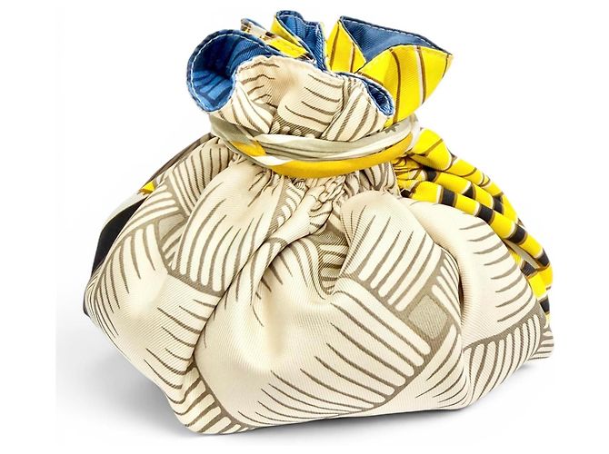 Bolsa de cordón Petit H 100% seda Hermès Azul Amarillo - vista 3