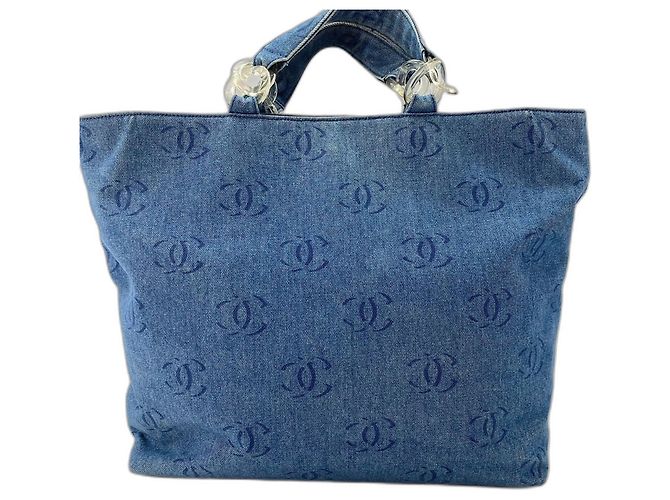 Borsa Tote Chanel in denim blu - vista 3