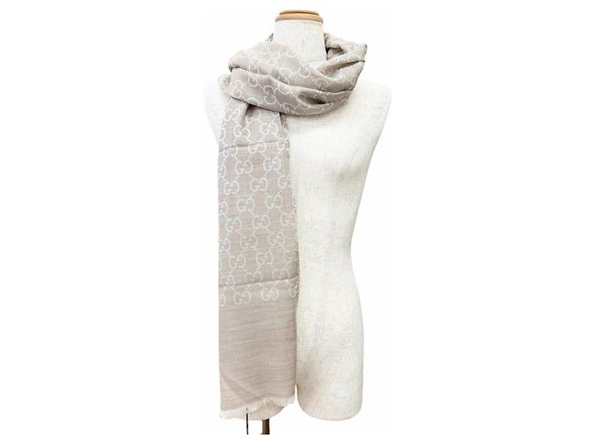Sciarpa Gucci Stall GG Jacquard in lana e seta Mini Fringe Marrone Beige - vista 5