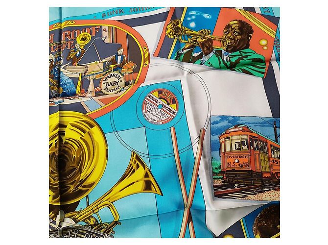 Bufanda de seda 'New Orleans Jazz' Hermès Castaño Blanco Roja Azul Verde Naranja Gold hardware - vista 12