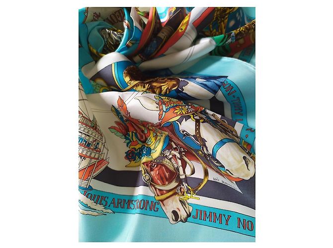 Bufanda de seda 'New Orleans Jazz' Hermès Castaño Blanco Roja Azul Verde Naranja Gold hardware - vista 2