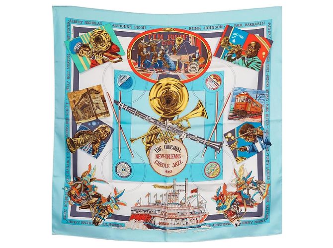 Bufanda de seda 'New Orleans Jazz' Hermès Castaño Blanco Roja Azul Verde Naranja Gold hardware - vista 3