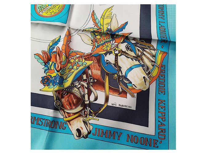 Bufanda de seda 'New Orleans Jazz' Hermès Castaño Blanco Roja Azul Verde Naranja Gold hardware - vista 4