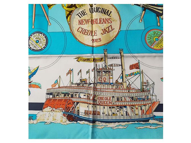Bufanda de seda 'New Orleans Jazz' Hermès Castaño Blanco Roja Azul Verde Naranja Gold hardware - vista 5