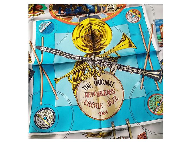 Bufanda de seda 'New Orleans Jazz' Hermès Castaño Blanco Roja Azul Verde Naranja Gold hardware - vista 9