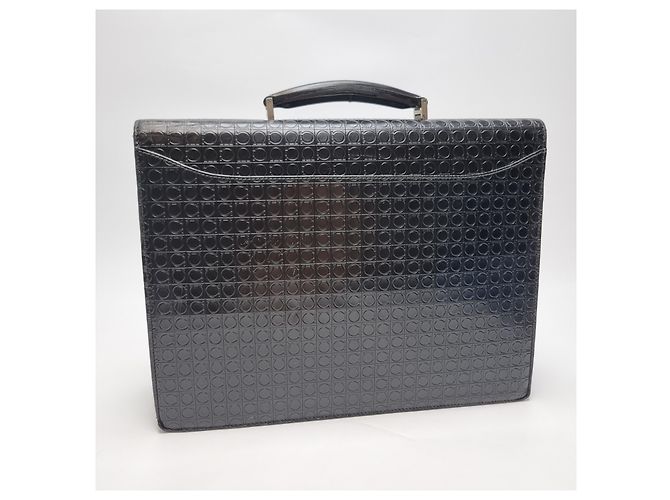 Salvatore Ferragamo Mallette Attache en Cuir Embossé Gancini Noir (Sac à Documents Unisexe, Article Rare) - vue 10