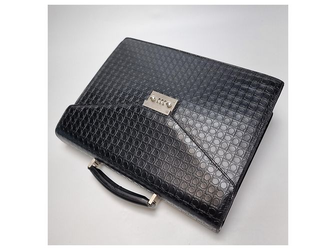 Salvatore Ferragamo Mallette Attache en Cuir Embossé Gancini Noir (Sac à Documents Unisexe, Article Rare) - vue 11