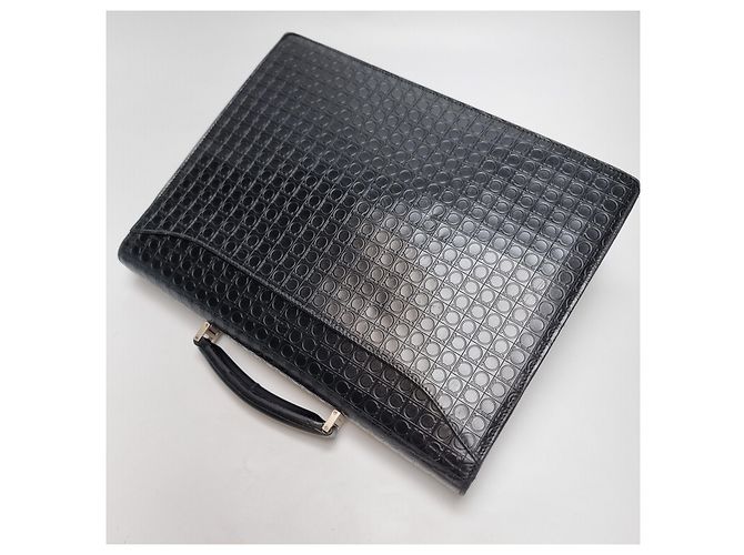 Salvatore Ferragamo Mallette Attache en Cuir Embossé Gancini Noir (Sac à Documents Unisexe, Article Rare) - vue 13