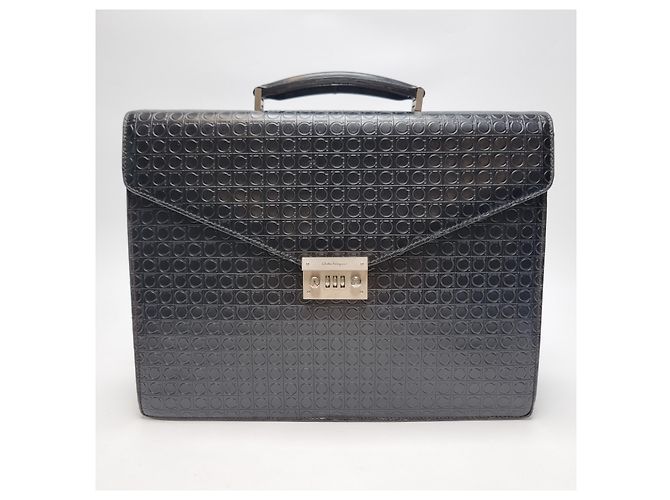 Salvatore Ferragamo Mallette Attache en Cuir Embossé Gancini Noir (Sac à Documents Unisexe, Article Rare) - vue 2