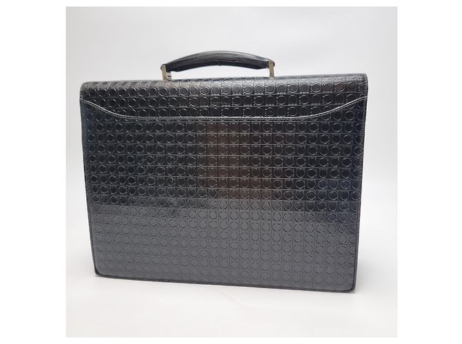 Salvatore Ferragamo Mallette Attache en Cuir Embossé Gancini Noir (Sac à Documents Unisexe, Article Rare) - vue 9