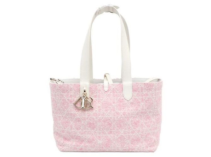Dior Borsa Tote in Tweed Rosa Medio e Cannage Bianco a Spalla - vista 13