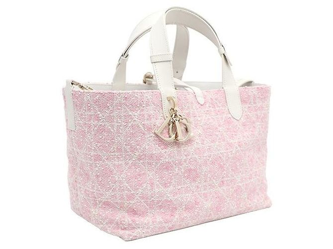 Dior Borsa Tote in Tweed Rosa Medio e Cannage Bianco a Spalla - vista 2