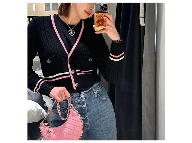 Chanel Kaschmirstrickjacke für Damen Schwarz/Rosa - Ansicht 8