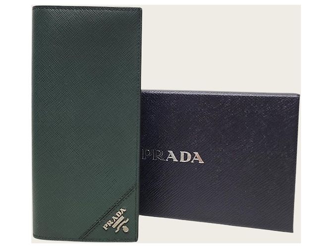 Prada Emerald Green Metal Logo Saffiano Leather Long Wallet - view 6
