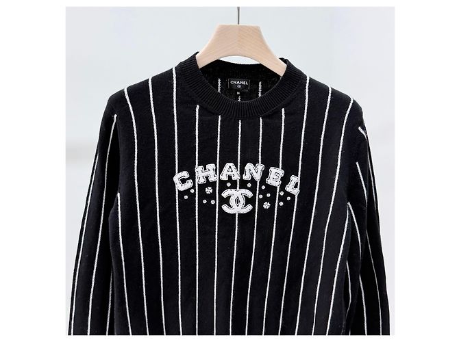 Chanel Strickpullover aus Kaschmir für Damen mit CC-Logo-Streifen Schwarz - Ansicht 2