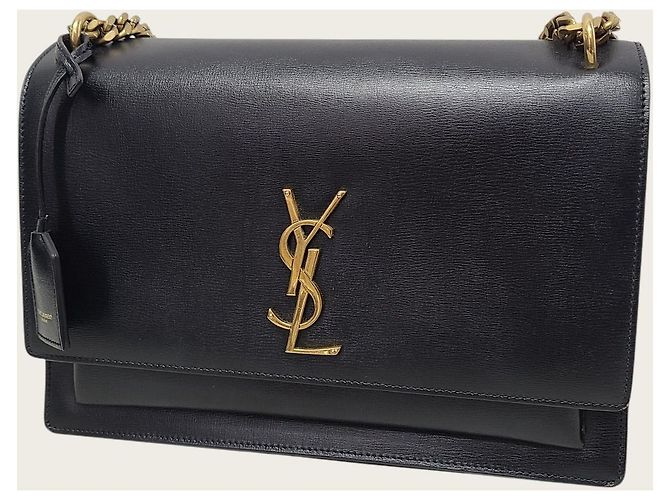 Saint Laurent Borsa a tracolla Large Chain Sunset in pelle di vitello nera con monogramma dorato Nero - vista 2