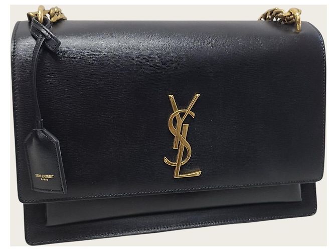 Saint Laurent Borsa a tracolla Large Chain Sunset in pelle di vitello nera con monogramma dorato Nero - vista 3