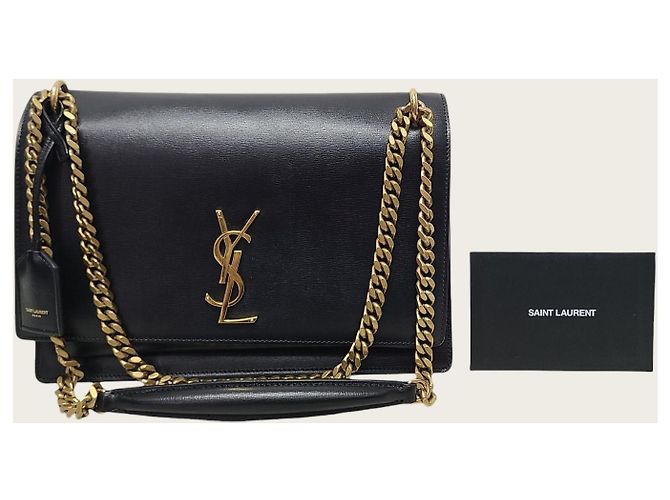 Saint Laurent Borsa a tracolla Large Chain Sunset in pelle di vitello nera con monogramma dorato Nero - vista 7