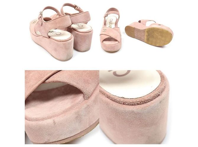 Chanel Sandali con tacco zeppo con logo CC laterale in scamosciato rosa chiaro - vista 5