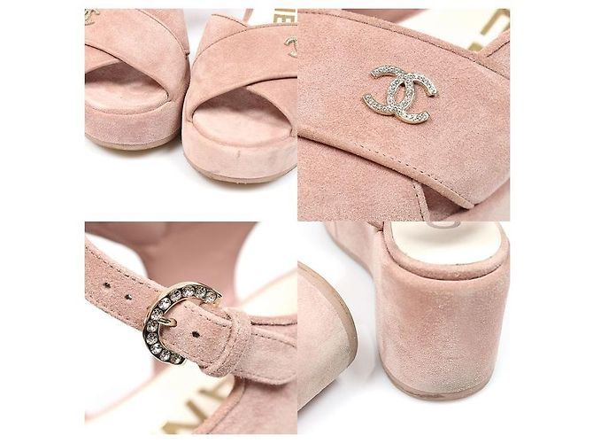 Chanel Sandali con tacco zeppo con logo CC laterale in scamosciato rosa chiaro - vista 6
