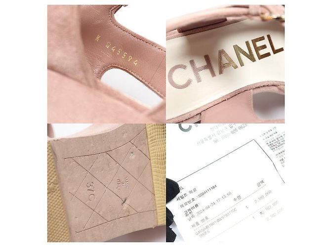 Chanel Sandali con tacco zeppo con logo CC laterale in scamosciato rosa chiaro - vista 7