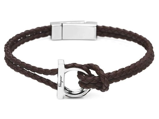 Salvatore Ferragamo Bracciale Large Double Braid in pelle marrone doppia - vista 2