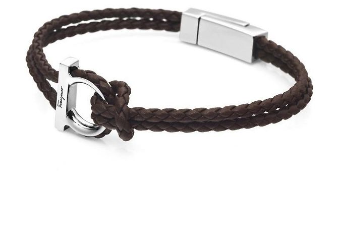 Salvatore Ferragamo Bracciale Large Double Braid in pelle marrone doppia - vista 4