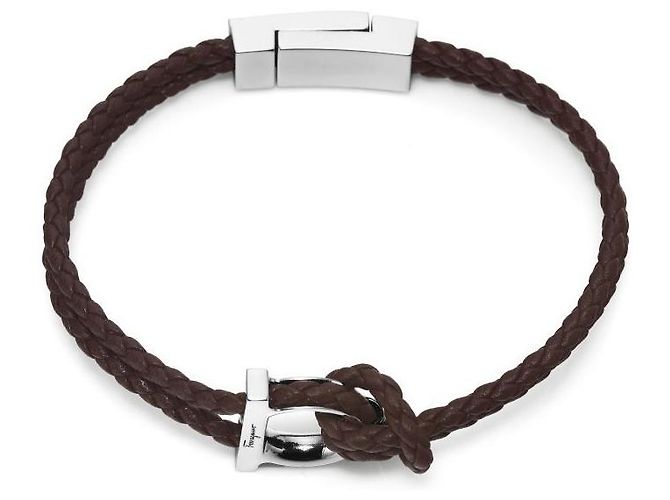 Salvatore Ferragamo Bracciale Large Double Braid in pelle marrone doppia - vista 6