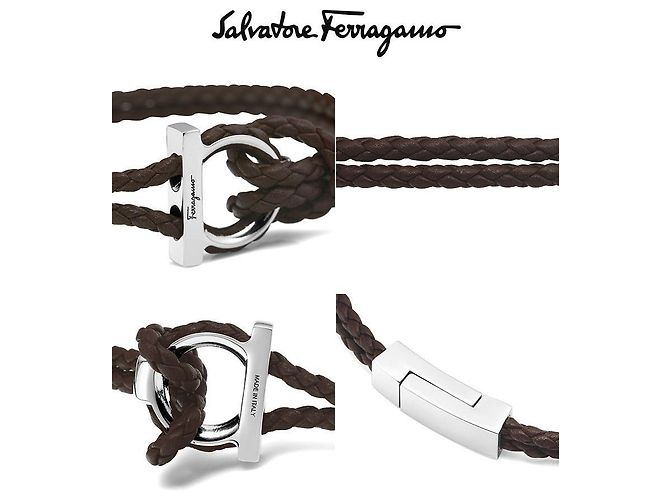 Salvatore Ferragamo Bracciale Large Double Braid in pelle marrone doppia - vista 8