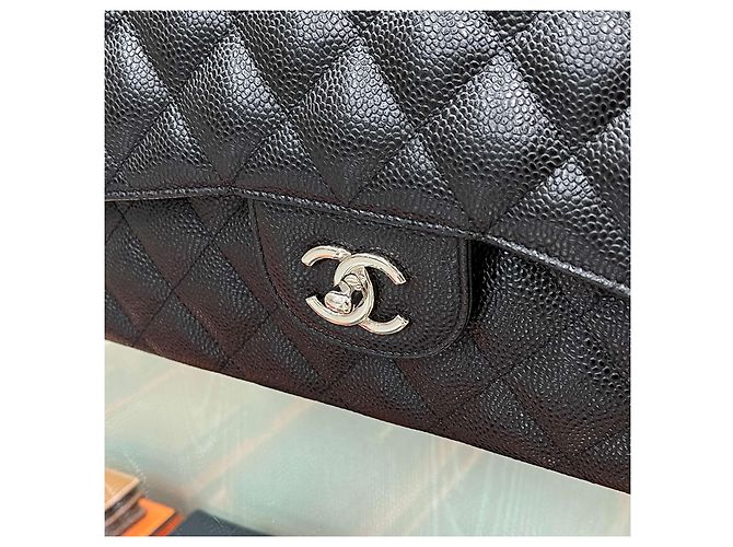 Chanel Borsa Classic Large Flap Nera Caviar Argento Nero - vista 10