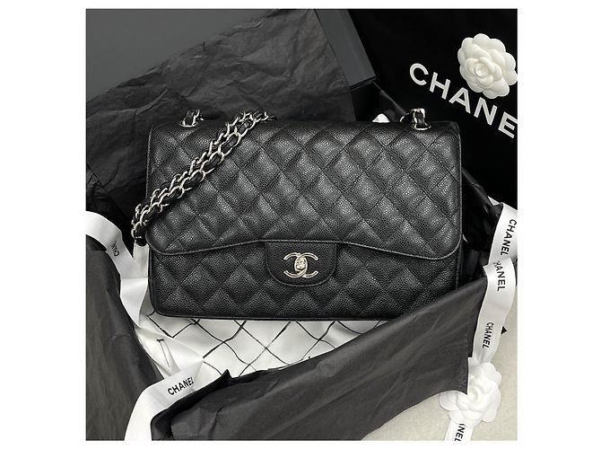 Chanel Borsa Classic Large Flap Nera Caviar Argento Nero - vista 2