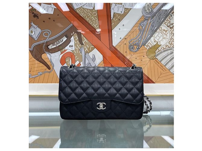 Chanel Borsa Classic Large Flap Nera Caviar Argento Nero - vista 3