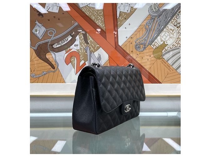 Chanel Borsa Classic Large Flap Nera Caviar Argento Nero - vista 6