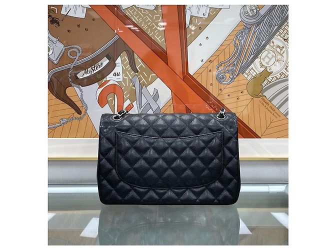 Chanel Borsa Classic Large Flap Nera Caviar Argento Nero - vista 7