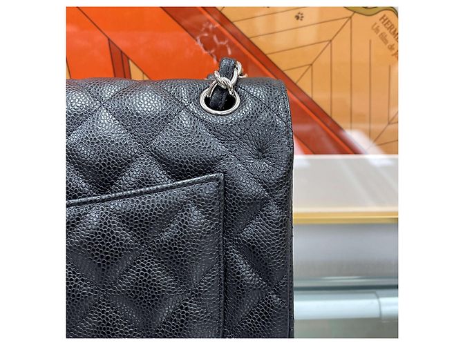 Chanel Borsa Classic Large Flap Nera Caviar Argento Nero - vista 8